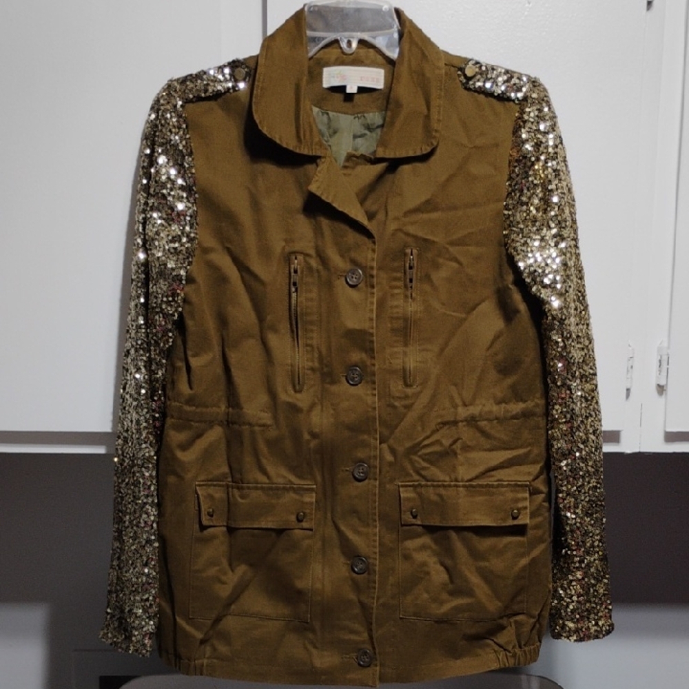 (BX10) SALE! NWOT Cameo Rose Military Green Jacket W Sequin Sleeves